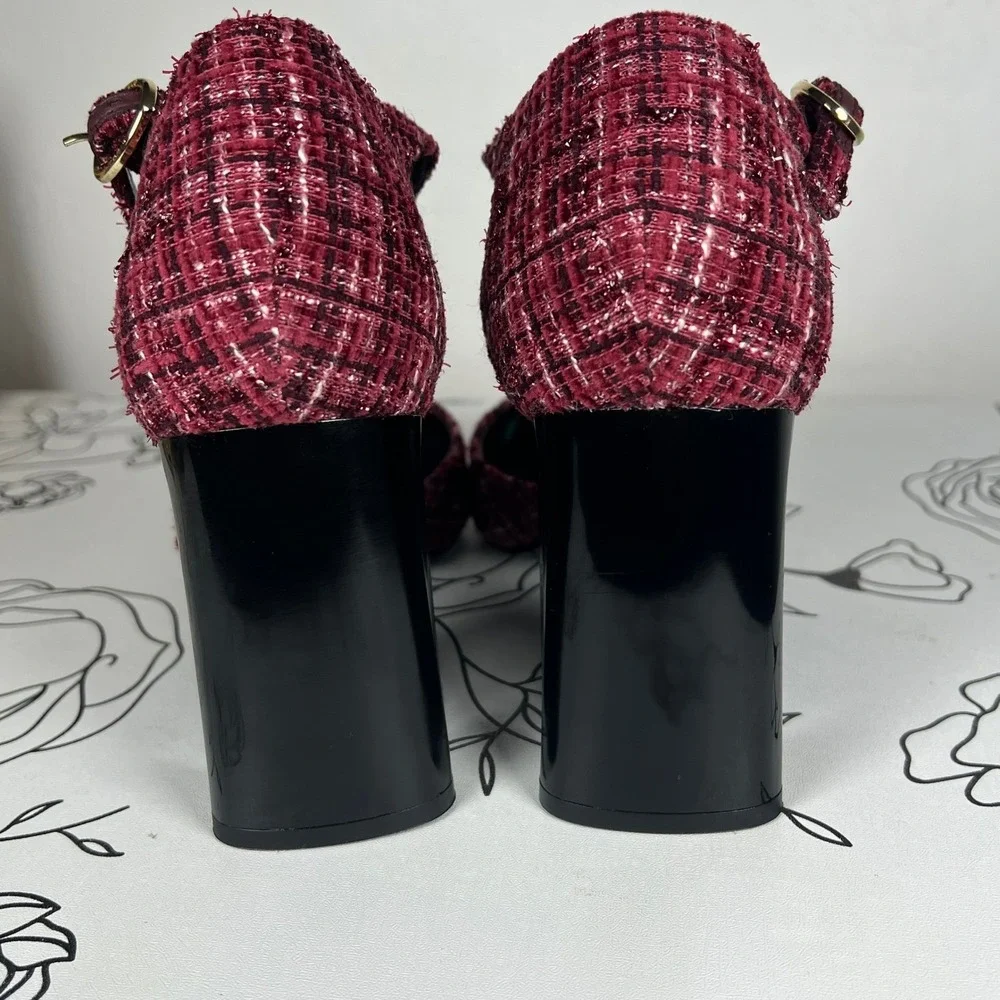 Karl Lagerfeld Paris Sapphira Tweed Cap Toe Block Heel Pumps Burgundy 8.5M